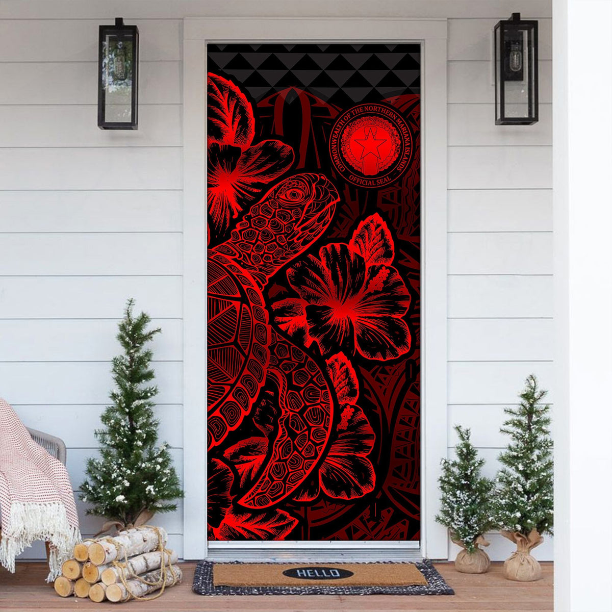 Northern Mariana Islands Door Cover Turtle Hibiscus Red - Polynesian Pride