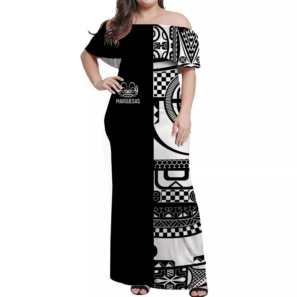 Marquesas Islands Tiki Off Shoulder Long Dress Marquesan Tattoo LT13 Long Dress Black - Polynesian Pride