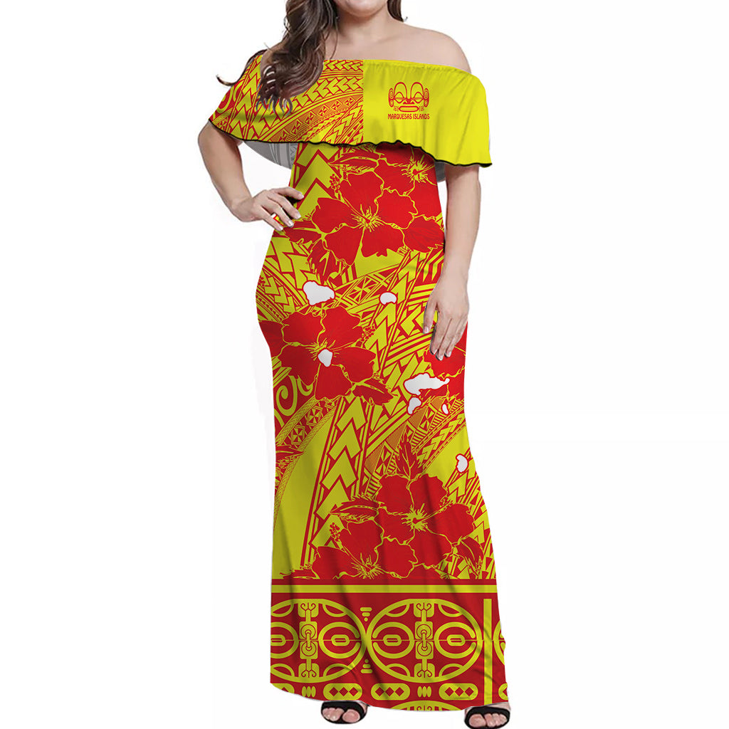 Marquesas Islands Off Shoulder Long Dress Hibiscus and Map Marquesan Yellow LT13 Long Dress Yellow - Polynesian Pride