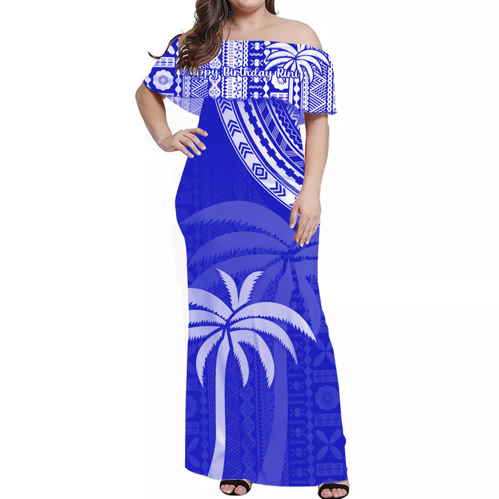 Happy Birthday Rini) Fiji Off Shoulder Long Dress Tapa Polynesian Blu