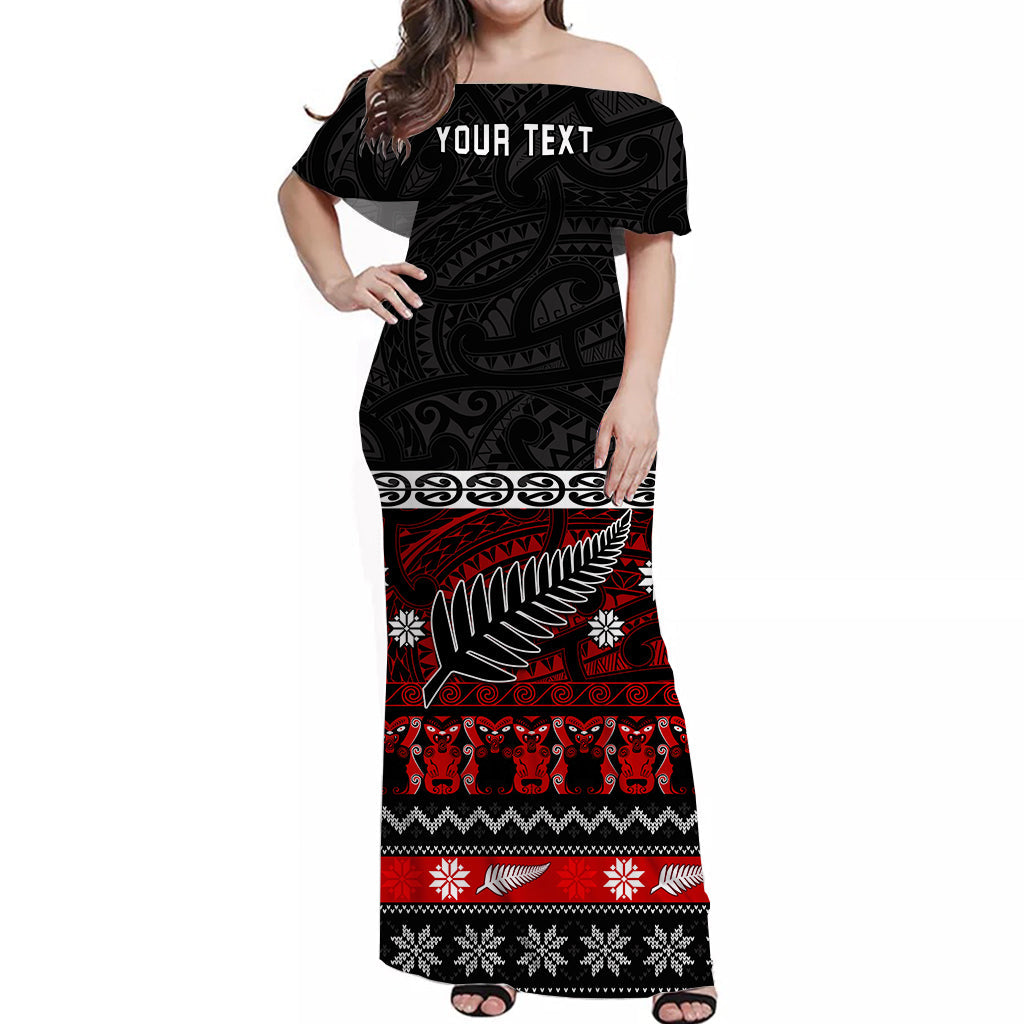 (Custom Personalised) New Zealand Silver Fern Christmas Off Shoulder Long Dress Maori Meri Kirihimete LT13 Women Black - Polynesian Pride