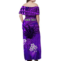 (Custom Personalised) Hawaii Pineapple Off Shoulder Long Dress Purple Plumeria Frangipani Mix Tribal Pattern LT13 - Polynesian Pride