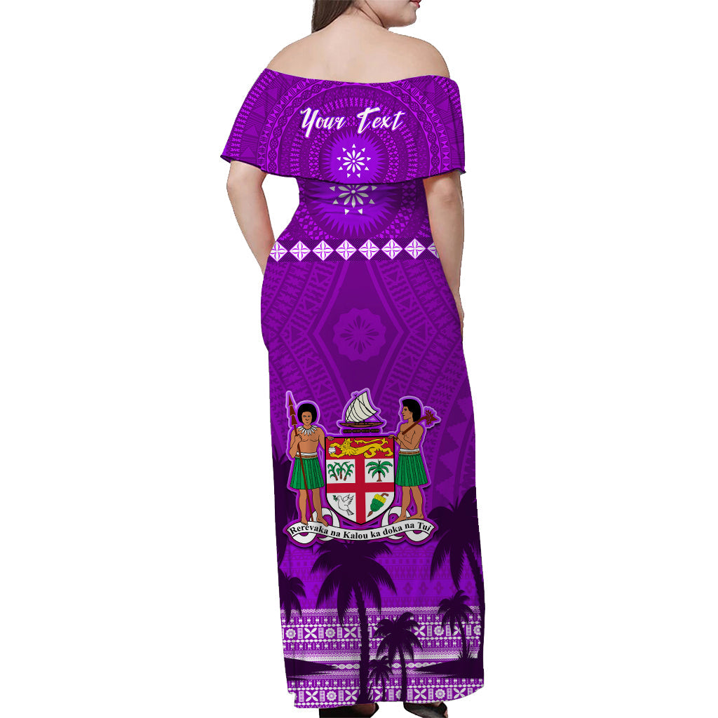 (Custom Personalised) Bula Fiji Off Shoulder Long Dress Fijian Tapa with Palm Tree Purple LT13 - Polynesian Pride