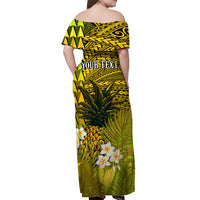 (Custom Personalised) Hawaii Pineapple Off Shoulder Long Dress Yellow Plumeria Frangipani Mix Tribal Pattern LT13 - Polynesian Pride