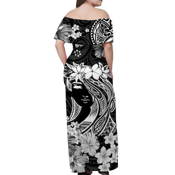 (Custom Personalised) Hawaii Off Shoulder Long Dress Polynesia Gray Hibiscus and Map Mystical