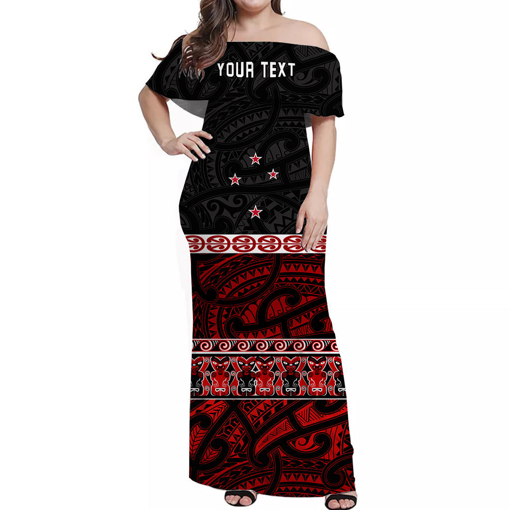 (Custom Personalised) New Zealand Off Shoulder Long Dress Maori Mix Coat Of Arms LT13 Women Black - Polynesian Pride