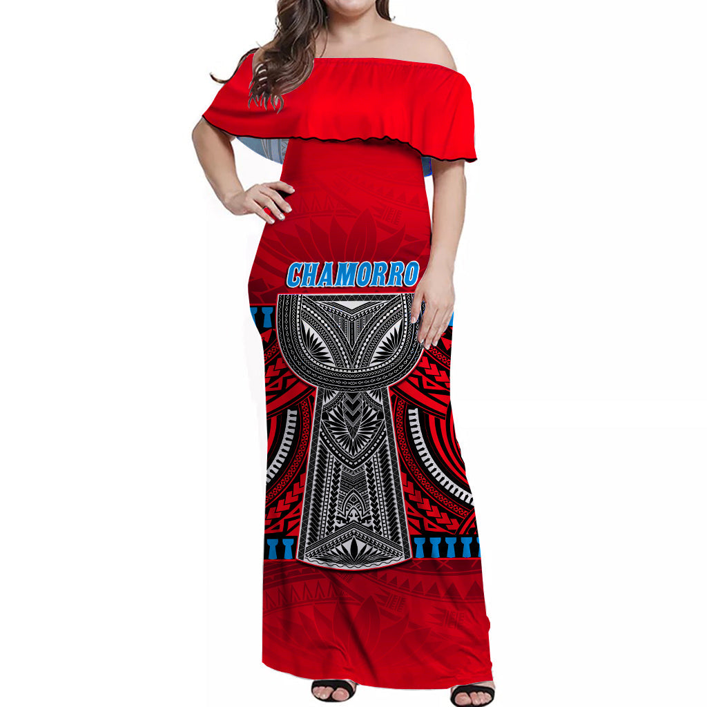 (Custom Personalised) Guam Chamorro Off Shoulder Long Dress Latte Stone Red Polynesian Haligi LT13 Women Red - Polynesian Pride