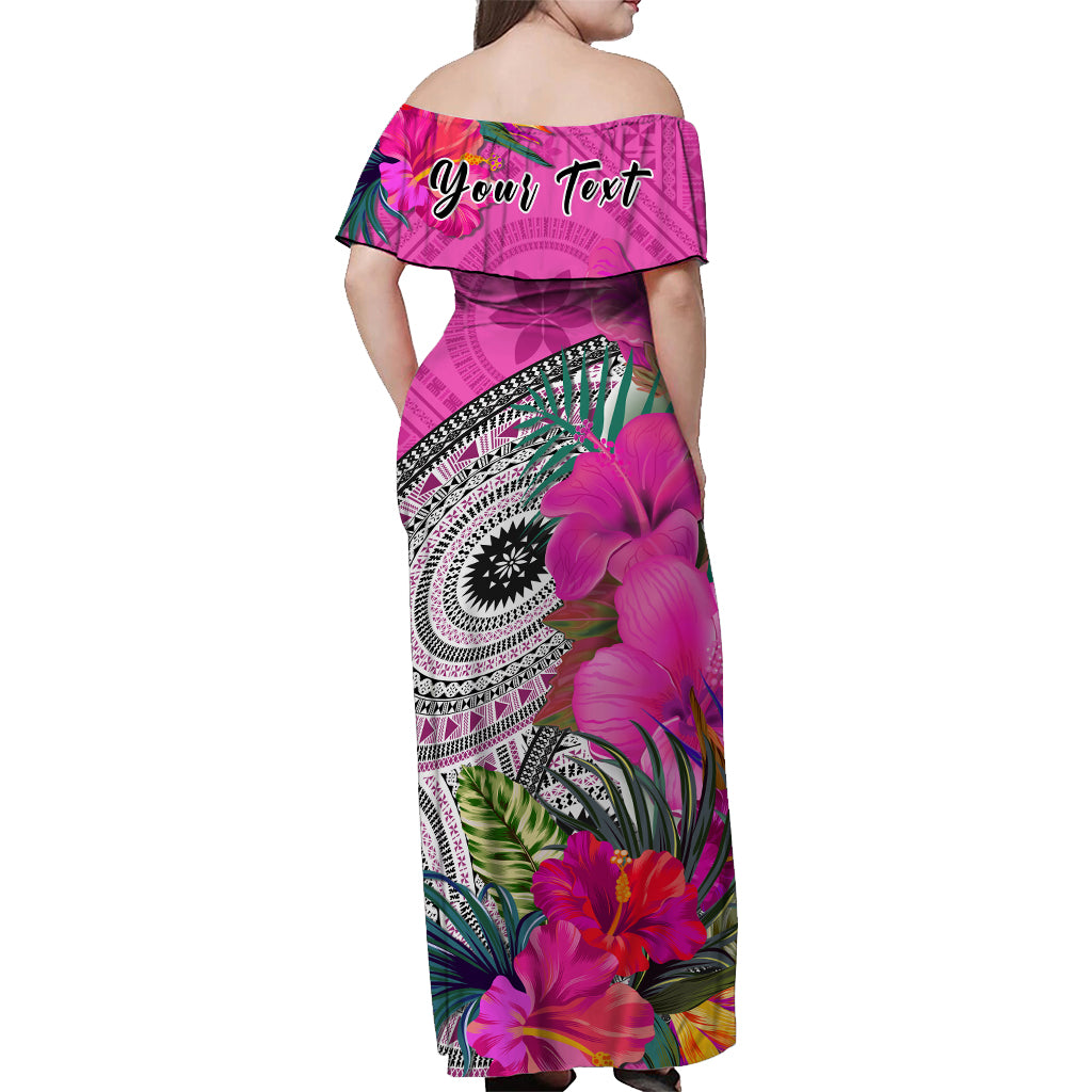 (Custom Personalised) Fiji Tapa Off Shoulder Long Dress Pink Fijian Masi Be Loved Hibiscus LT13 - Polynesian Pride