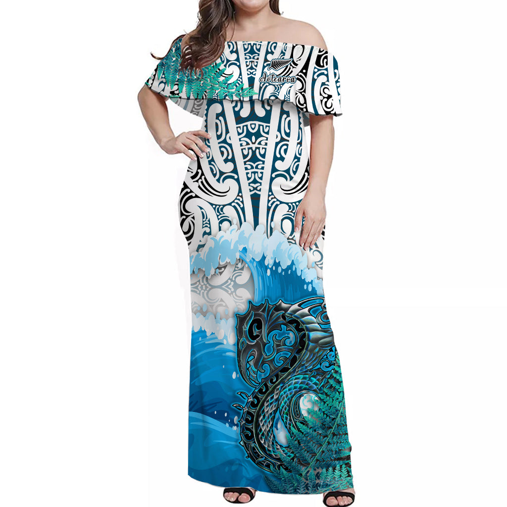 (Custom Personalised) Manaia Maori Off Shoulder Long Dress Fern Aotearoa Blue Waves LT13 Women Blue - Polynesian Pride