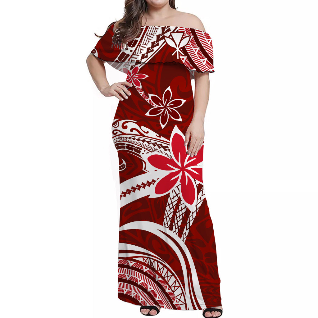 (Custom Personalised) Hawaii Flowers Wave Off Shoulder Long Dress Kanaka Maoli Red Polynesian LT13 Women Red - Polynesian Pride