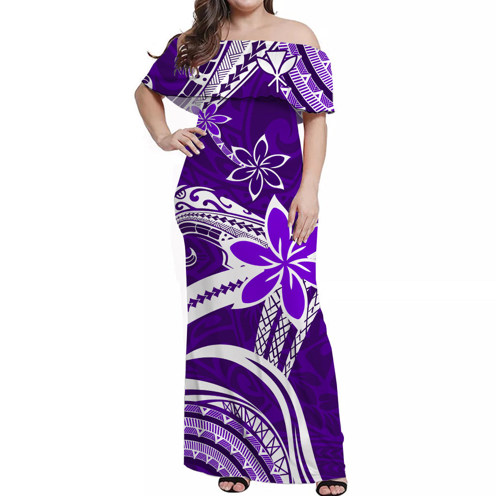 (Custom Personalised) Hawaii Flowers Wave Off Shoulder Long Dress Kanaka Maoli Purple Polynesian LT13 Women Purple - Polynesian Pride