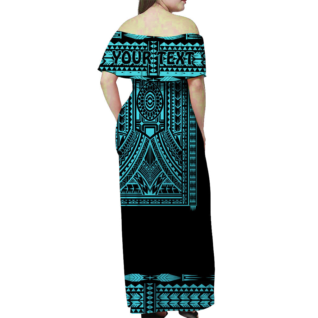 (Custom Personalised) Polynesian Off Shoulder Long Dress Dashiki With Polynesian Tattoo Royal Turquoise Version LT14 - Polynesian Pride