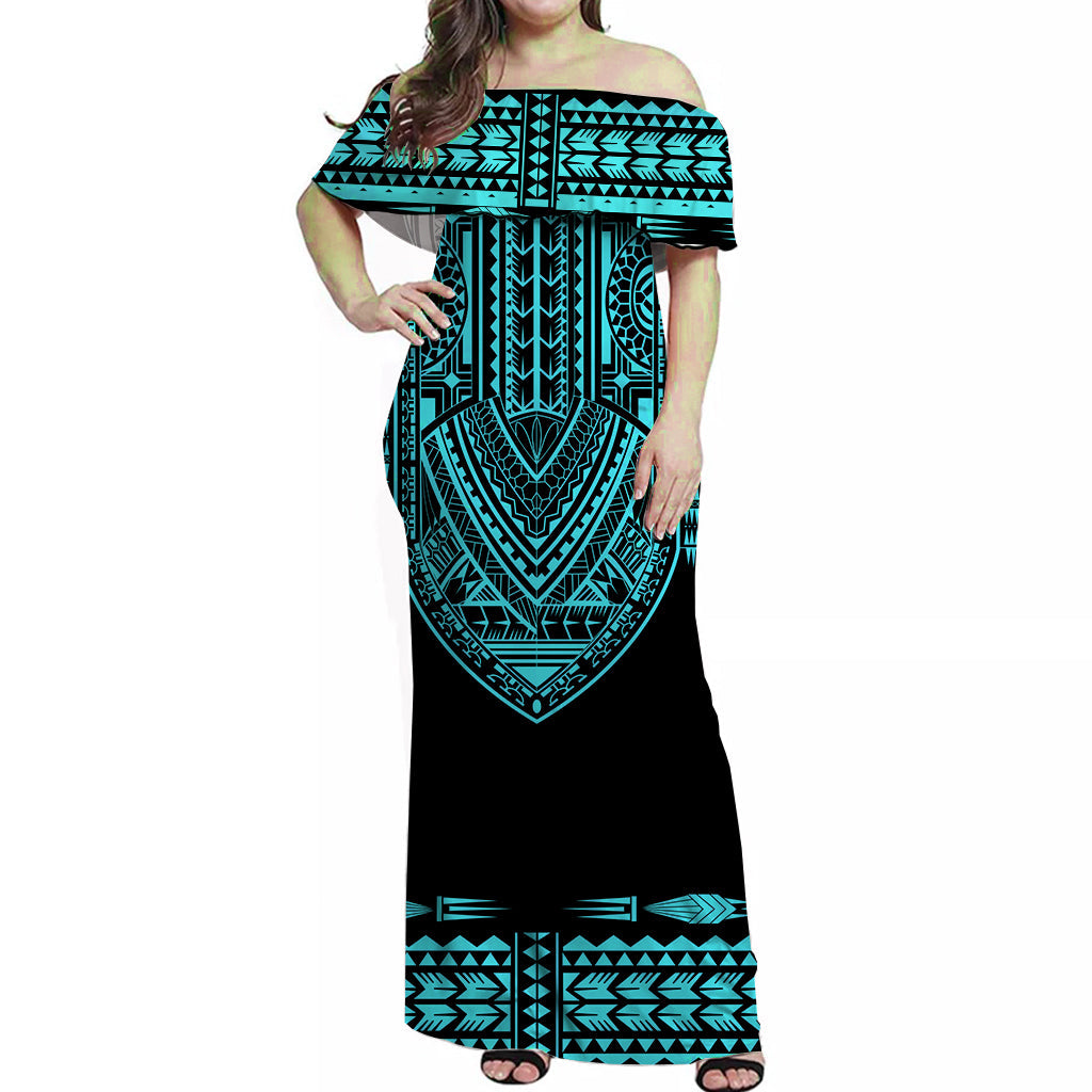 (Custom Personalised) Polynesian Off Shoulder Long Dress Dashiki With Polynesian Tattoo Royal Turquoise Version LT14 Women Turquoise - Polynesian Pride