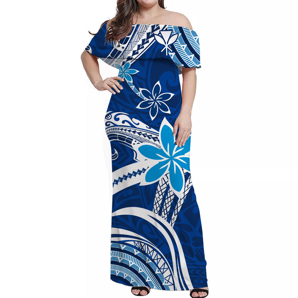(Custom Personalised) Hawaii Flowers Wave Off Shoulder Long Dress Kanaka Maoli Blue Polynesian LT13 Women Blue - Polynesian Pride