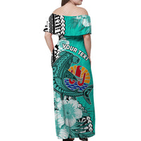 (Custom Personalised) Tahiti Islands Off Shoulder Long Dress Polynesian Shark Mix Tropical Flowers Turquoise Style LT14 - Polynesian Pride