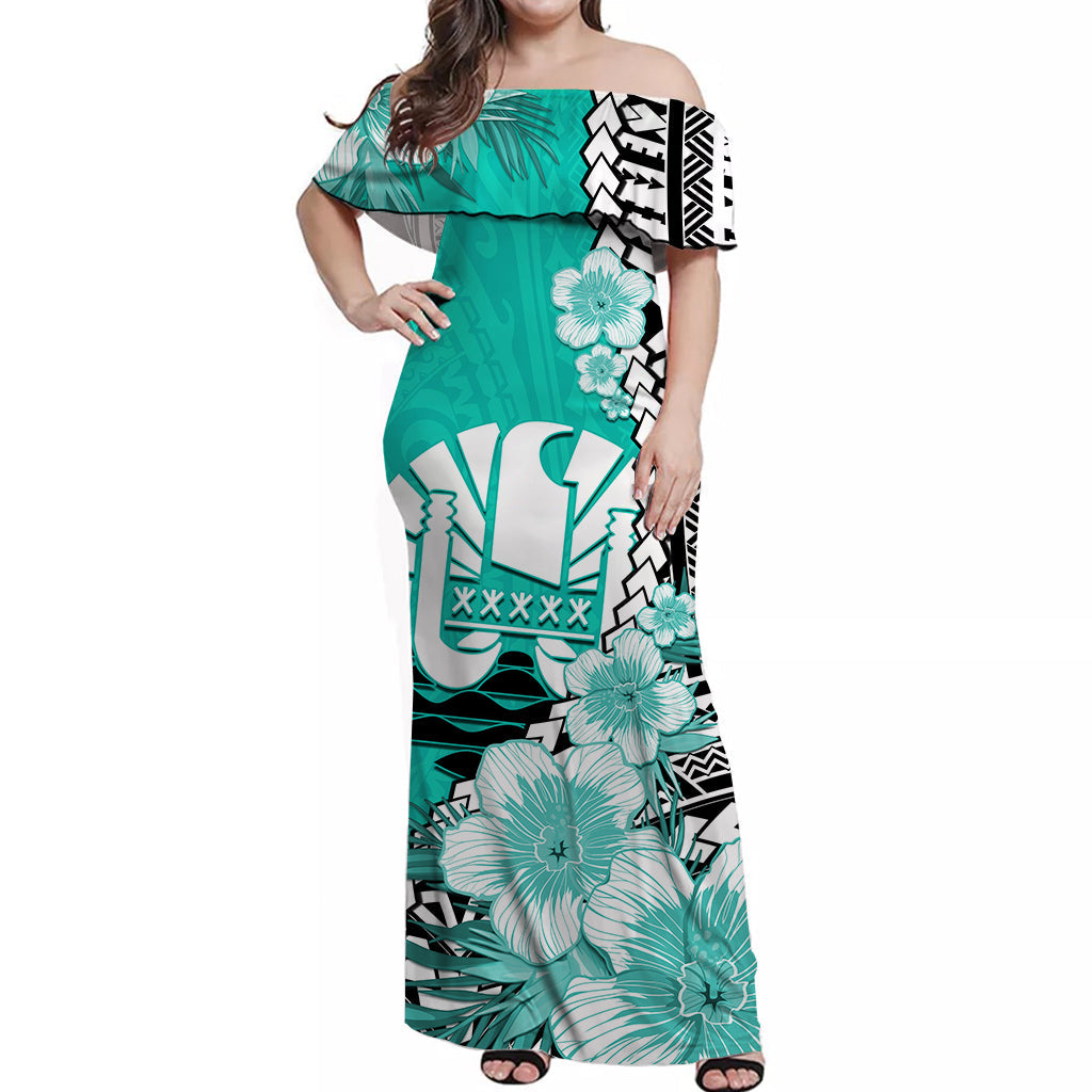 (Custom Personalised) Tahiti Islands Off Shoulder Long Dress Polynesian Shark Mix Tropical Flowers Turquoise Style LT14 Women Turquoise - Polynesian Pride