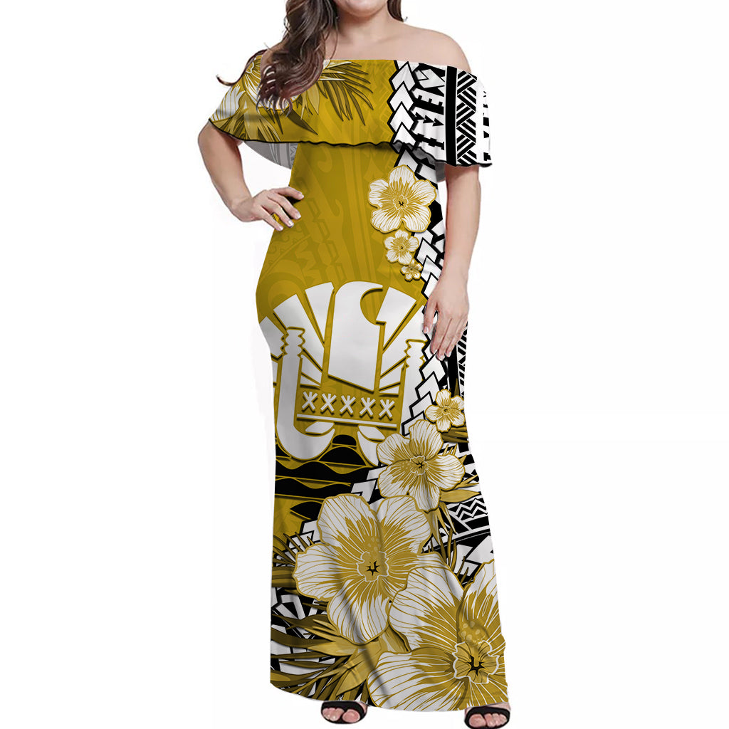 (Custom Personalised) Tahiti Islands Off Shoulder Long Dress Polynesian Shark Mix Tropical Flowers Yellow Style LT14 Women Yellow - Polynesian Pride