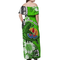 (Custom Personalised) Tahiti Islands Off Shoulder Long Dress Polynesian Shark Mix Tropical Flowers Green Style LT14 - Polynesian Pride