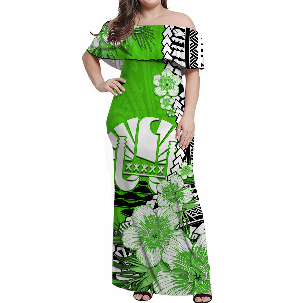 (Custom Personalised) Tahiti Islands Off Shoulder Long Dress Polynesian Shark Mix Tropical Flowers Green Style LT14 Women Green - Polynesian Pride