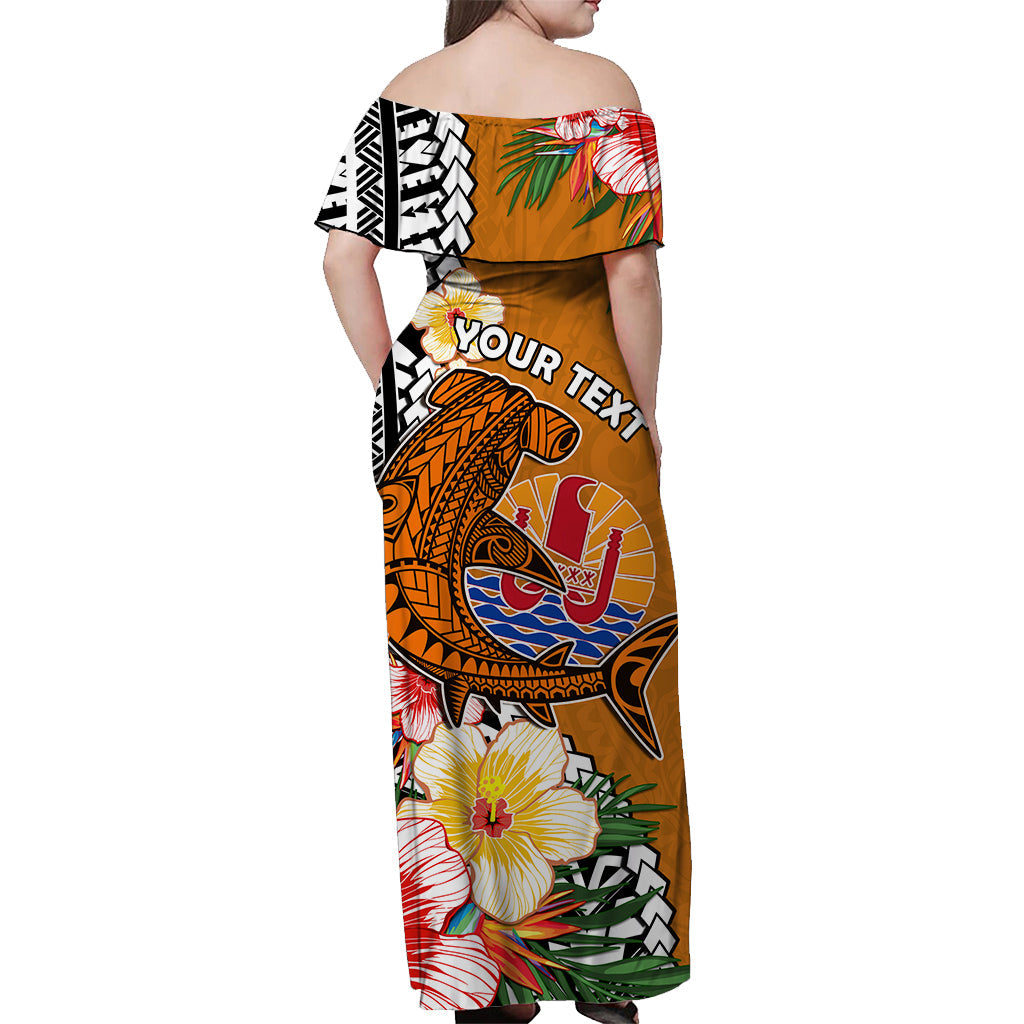 (Custom Personalised) Tahiti Islands Off Shoulder Long Dress Polynesian Shark Mix Tropical Flowers Orange Style LT14 - Polynesian Pride