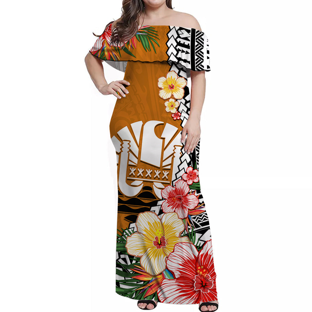 (Custom Personalised) Tahiti Islands Off Shoulder Long Dress Polynesian Shark Mix Tropical Flowers Orange Style LT14 Women Orange - Polynesian Pride