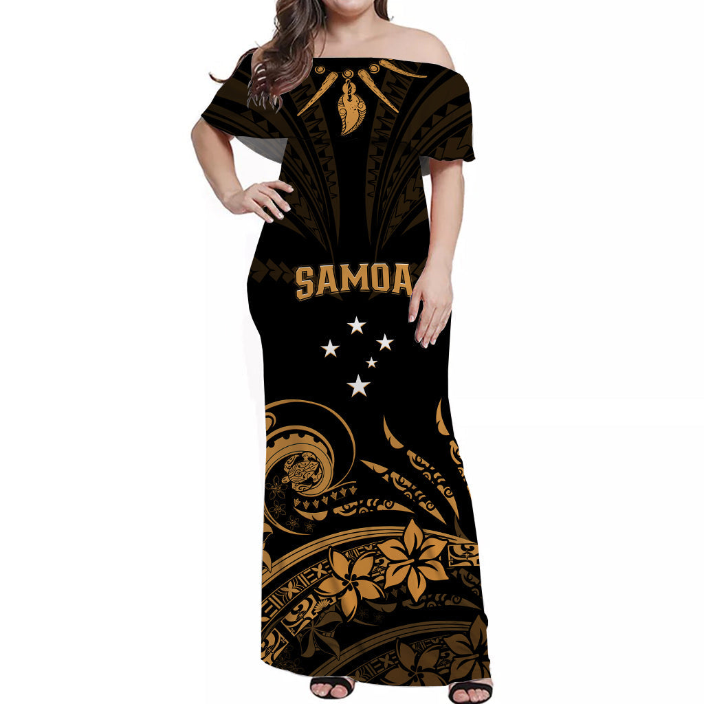 (Custom Personalised) Samoa Tatau Off Shoulder Long Dress Gold Polynesian Ula Nifo LT13 Women Gold - Polynesian Pride