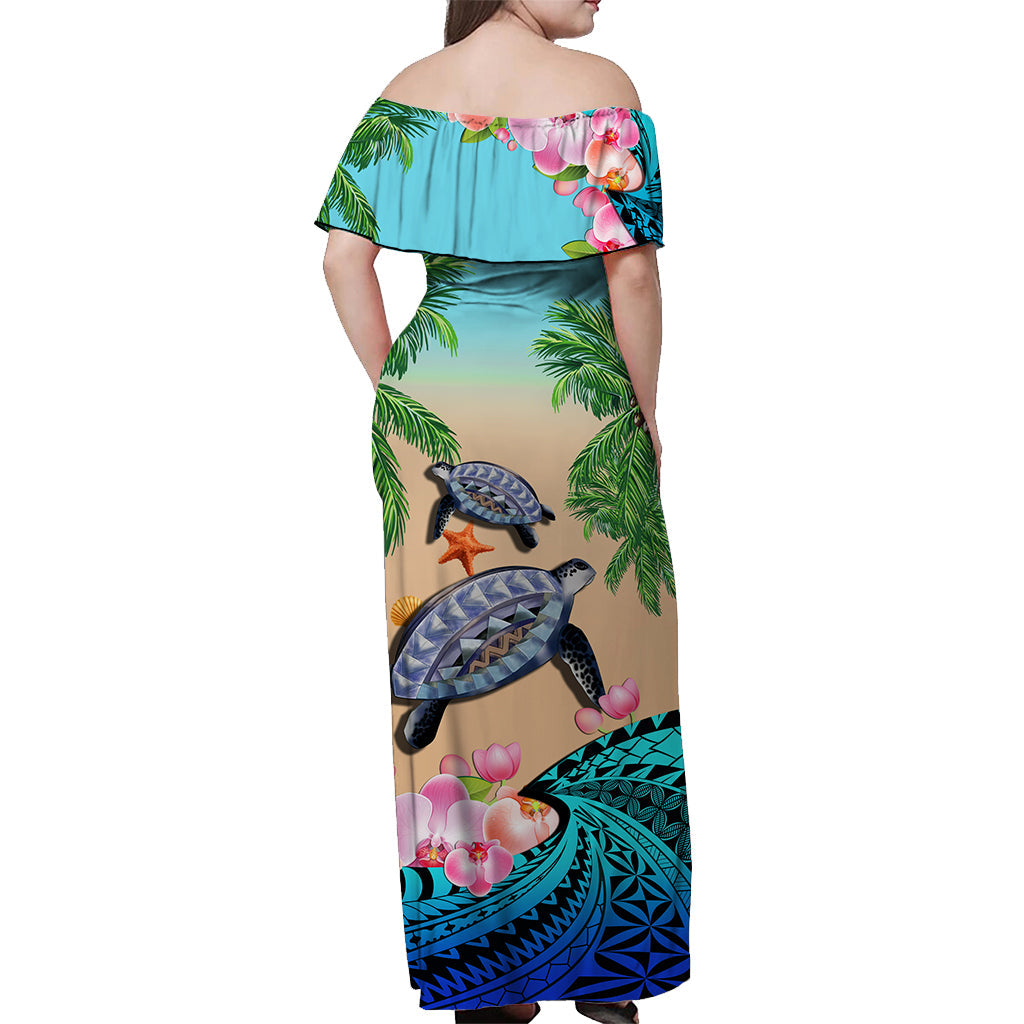 Polynesian Turtle Coconut Tree And Orchids Off Shoulder Long Dress LT14 - Polynesian Pride