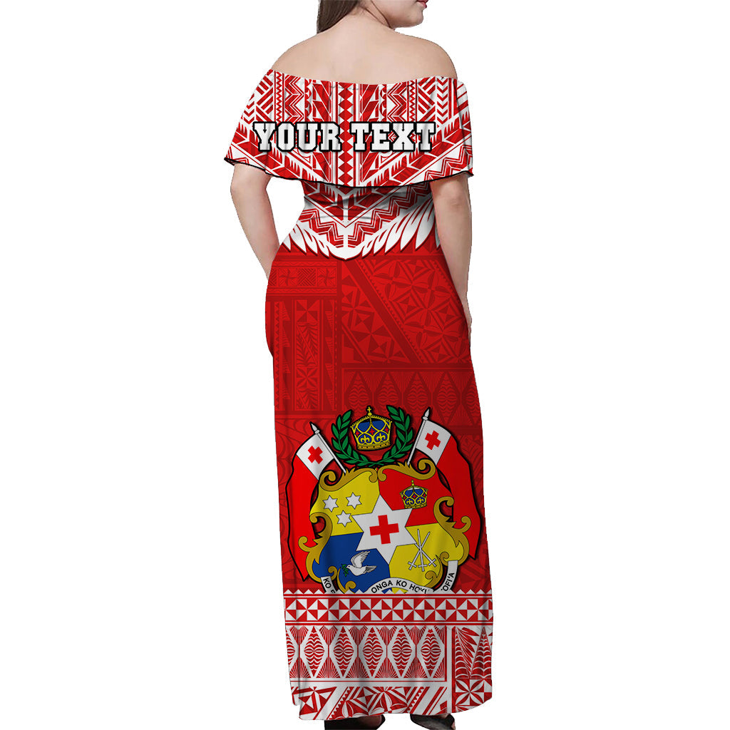 (Custom Text And Number) Tonga Rugby Off Shoulder Long Dress Mate Maa Tonga Pacific Ngatu White LT14 - Polynesian Pride