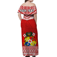 (Custom Text And Number) Tonga Rugby Off Shoulder Long Dress Mate Maa Tonga Pacific Ngatu White LT14 - Polynesian Pride