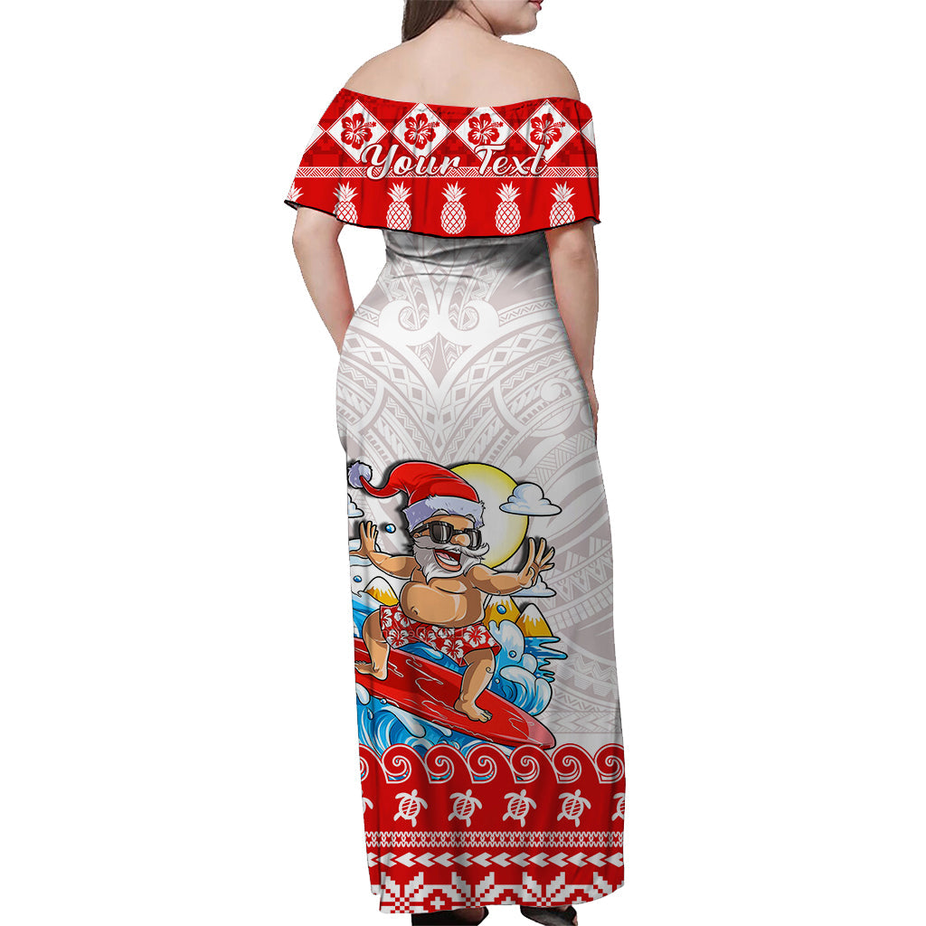 Custom Personalised Hawaii Christmas Off Shoulder Long Dress Surfing Santa Mele Kalikimaka Polynesian LT14 - Polynesian Pride
