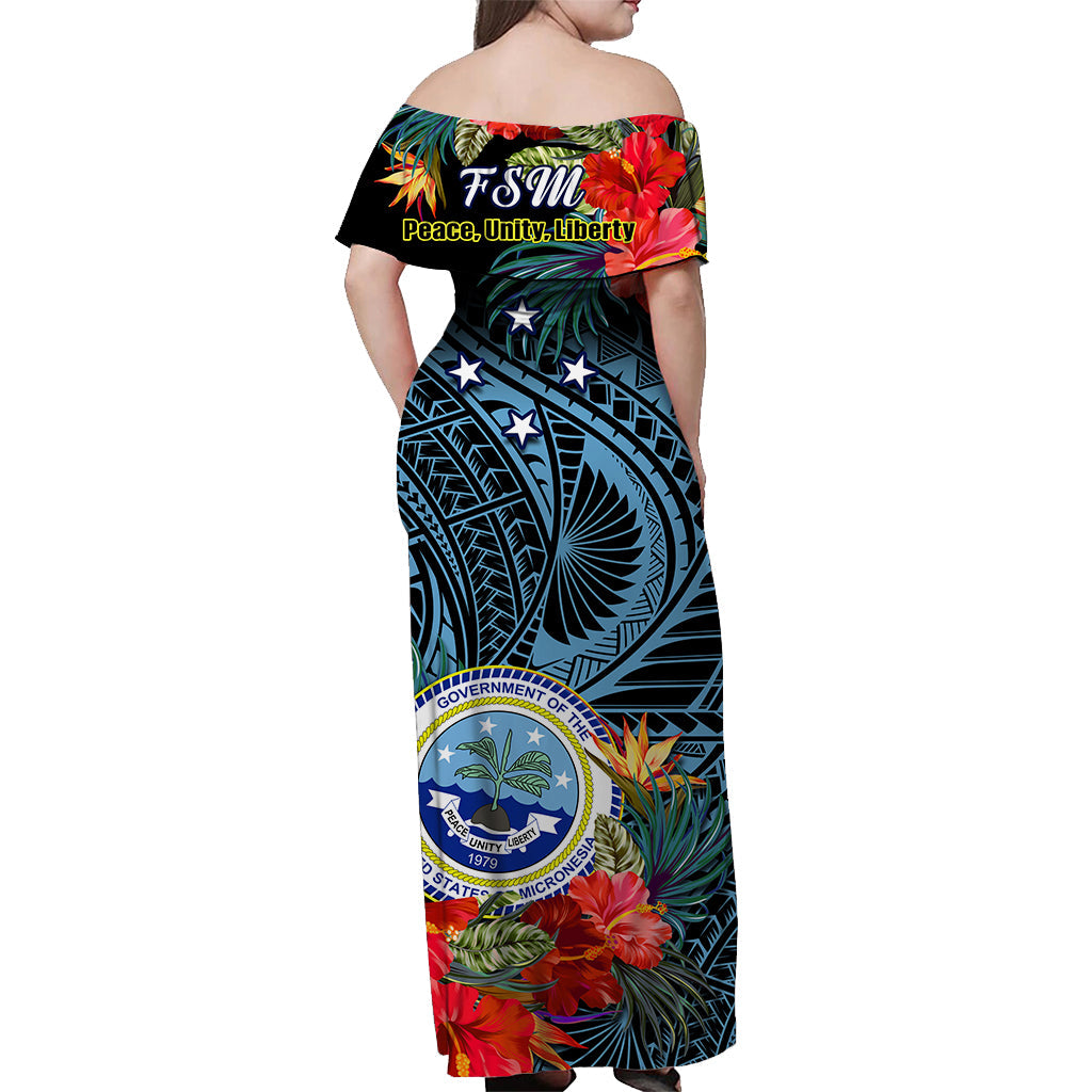 Federated States of Micronesia Off Shoulder Long Dress Hibiscus Flowers FSM Seal Polynesian Ver.01 LT14 - Polynesian Pride