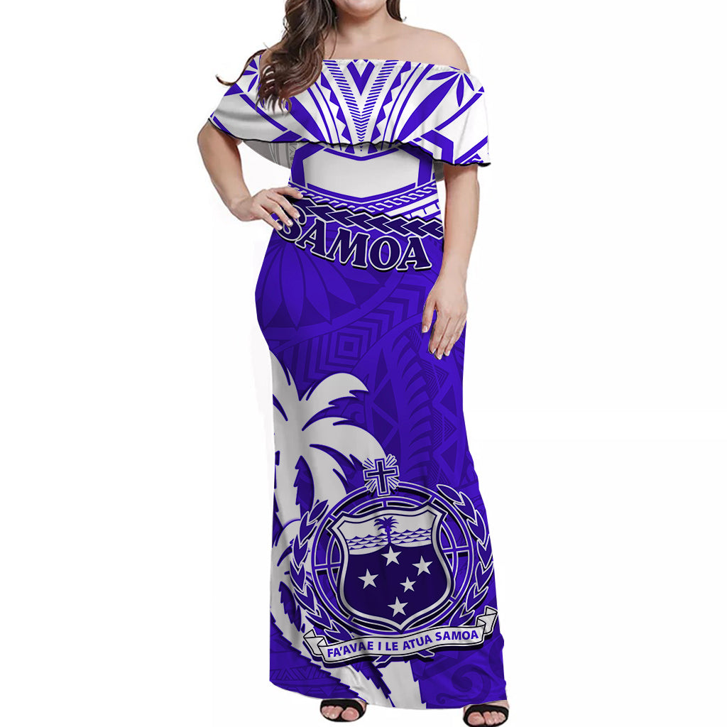 Samoa Off Shoulder Long Dress Samoan Coat Of Arms With Coconut Blue Style LT14 Women Blue - Polynesian Pride