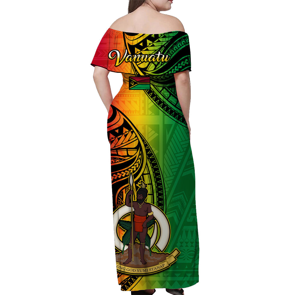 Vanuatu Off Shoulder Long Dress Luganville Polynesian Reggae Coat Of Arms LT14 - Polynesian Pride