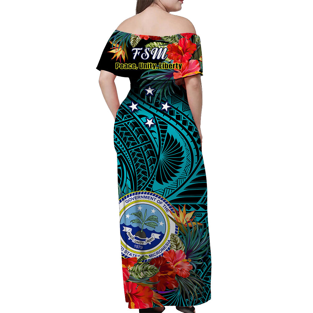 Federated States of Micronesia Off Shoulder Long Dress Hibiscus Flowers FSM Seal Polynesian Ver.03 LT14 - Polynesian Pride