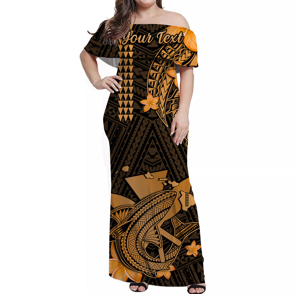 (Custom Personalised) Hawaii Off Shoulder Long Dress Kakau Kanaka Maoli Combine Polynesian Shark Ver.01 LT14 Women Gold - Polynesian Pride