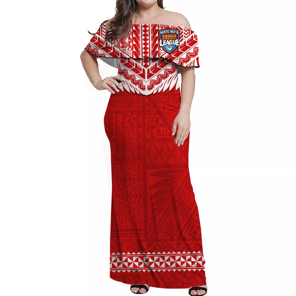 Tonga Rugby Off Shoulder Long Dress Mate Maa Tonga Pacific Ngatu White LT14 Women Red - Polynesian Pride