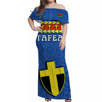 (Custom Personalised) Tafea Province Off Shoulder Long Dress Vanuatu Pig Tusk Polynesian Flag Style LT14 Women Blue - Polynesian Pride