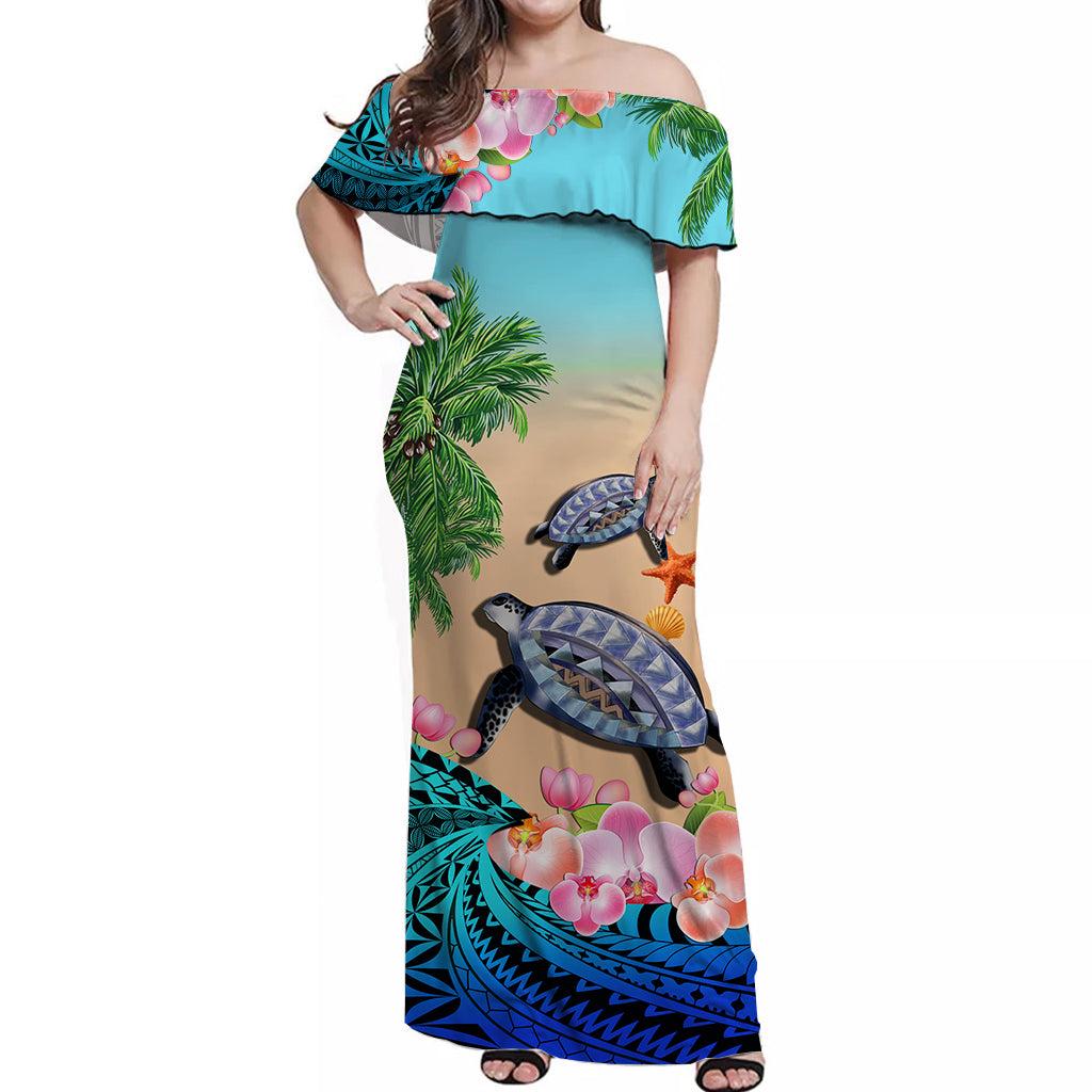 (Custom Personalised) Polynesian Turtle Coconut Tree And Orchids Off Shoulder Long Dress LT14 Women Blue - Polynesian Pride