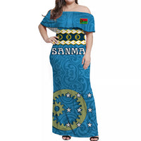 (Custom Personalised) Sanma Province Off Shoulder Long Dress Vanuatu Pig Tusk Polynesian Flag Style LT14 Women Blue - Polynesian Pride