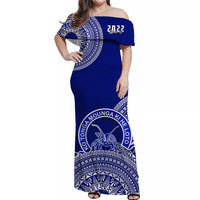 (Custom Personalised) Queen Salote Tonga College Off Shoulder Long Dress Class Of Year Tongan Ngatu Pattern LT14 Women Blue - Polynesian Pride