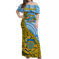 Tuvalu 1978 Off Shoulder Long Dress Happy 44th Independence Anniversary Polynesian Pattern LT14 Women Yellow - Polynesian Pride