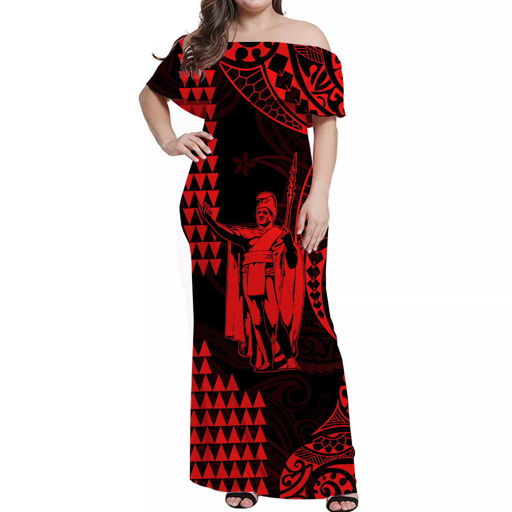 (Custom Personalised) Hawaii Day Kakau Off Shoulder Long Dress Proud To Be Hawaiian Red King Kamehameha and Kanaka Maoli LT13 Women Red - Polynesian Pride