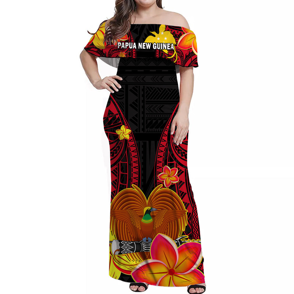 (Custom Personalised) Papua New Guinea Off Shoulder Long Dress PNG Bird Of Paradise Polynesian Pattern LT14 Women Black - Polynesian Pride