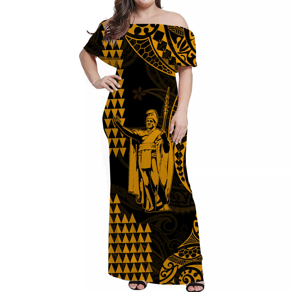 (Custom Personalised) Hawaii Day Kakau Off Shoulder Long Dress Proud To Be Hawaiian Gold King Kamehameha and Kanaka Maoli LT13 Women Gold - Polynesian Pride