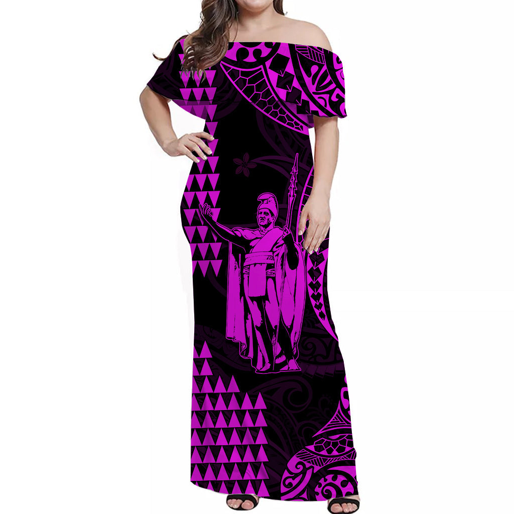 (Custom Personalised) Hawaii Day Kakau Off Shoulder Long Dress Proud To Be Hawaiian Purple King Kamehameha and Kanaka Maoli LT13 Women Purple - Polynesian Pride