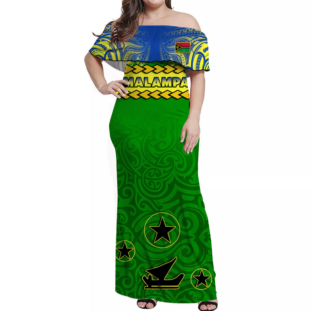 (Custom Personalised) Malampa Province Off Shoulder Long Dress Vanuatu Pig Tusk Polynesian Flag Style LT14 Women Green - Polynesian Pride