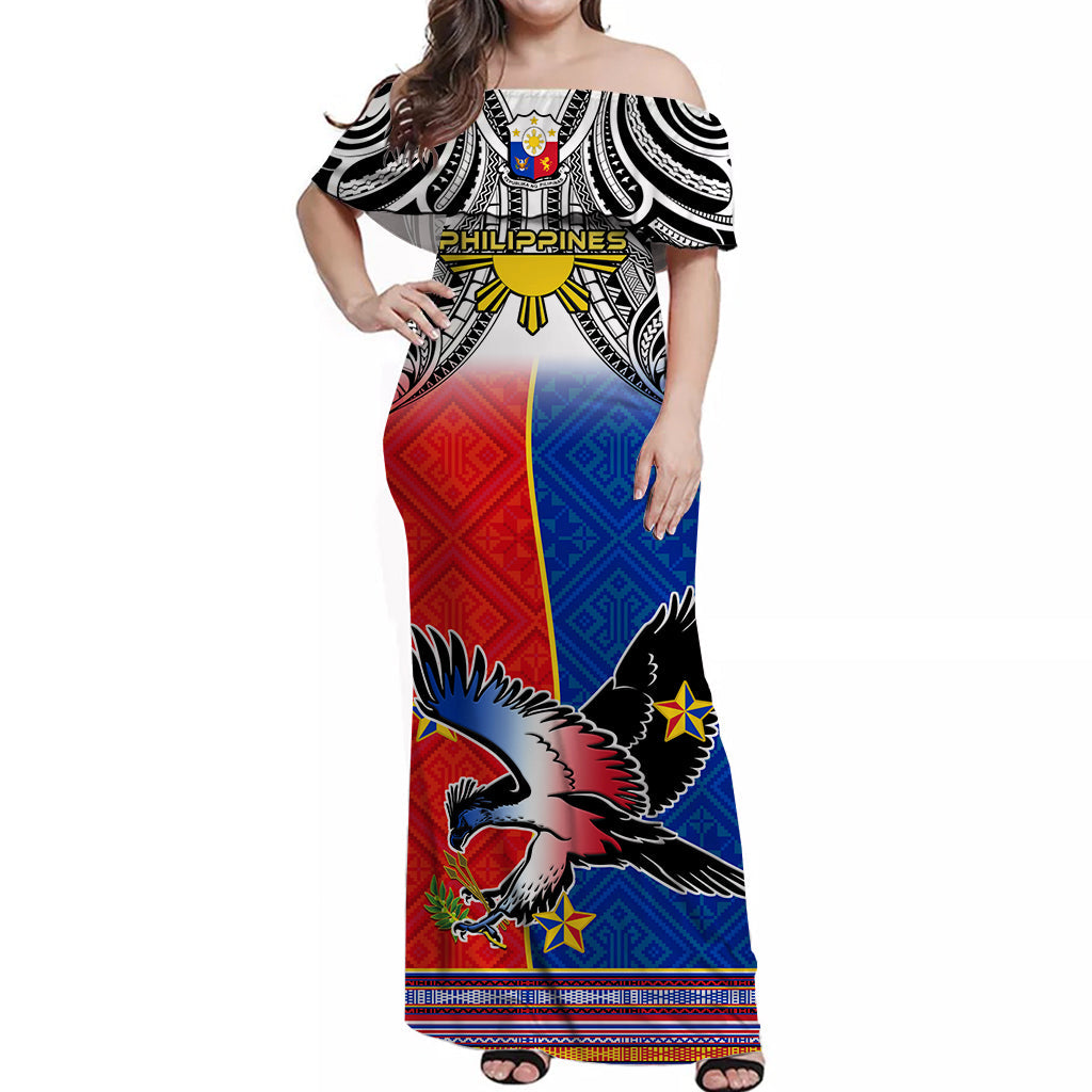 Philippines Off Shoulder Long Dress Polynesian Filipino Pattern With Eagle LT14 Women White - Polynesian Pride