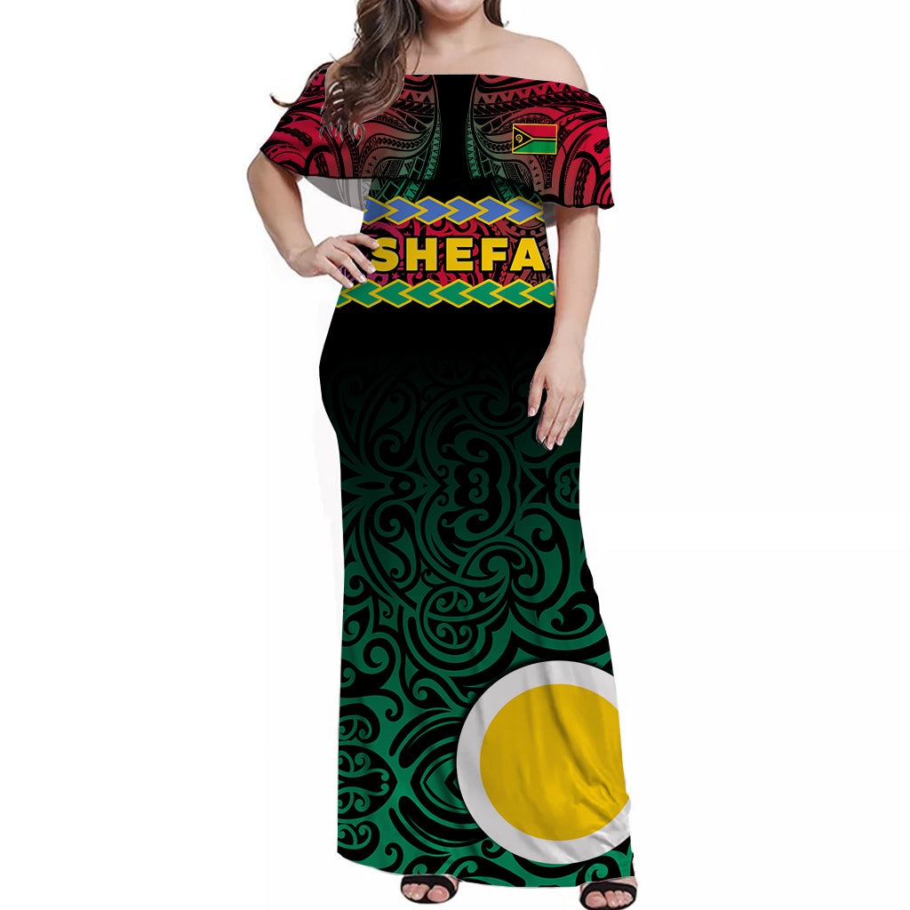 (Custom Personalised) Shefa Province Off Shoulder Long Dress Vanuatu Pig Tusk Polynesian Flag Style LT14 Women Black - Polynesian Pride