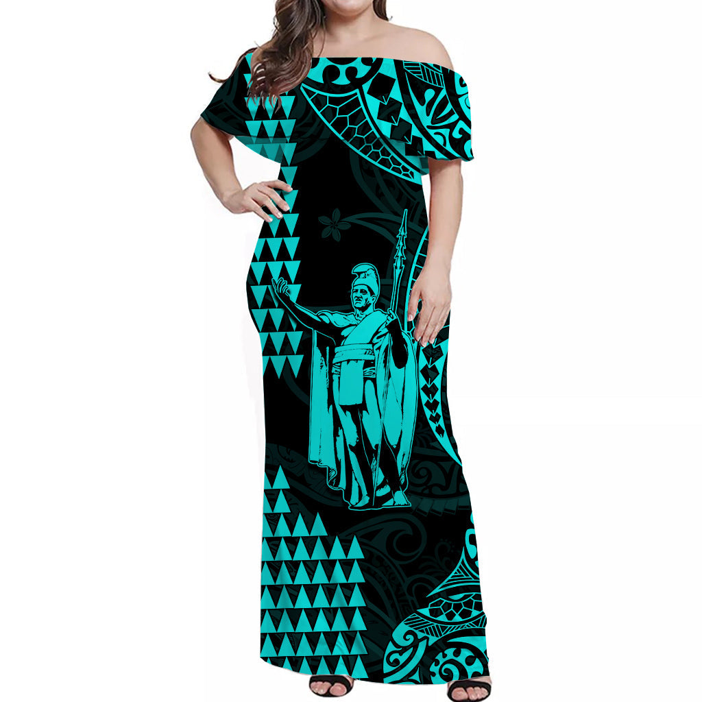 (Custom Personalised) Hawaii Day Kakau Off Shoulder Long Dress Proud To Be Hawaiian Turquoise King Kamehameha and Kanaka Maoli LT13 Women Turquoise - Polynesian Pride