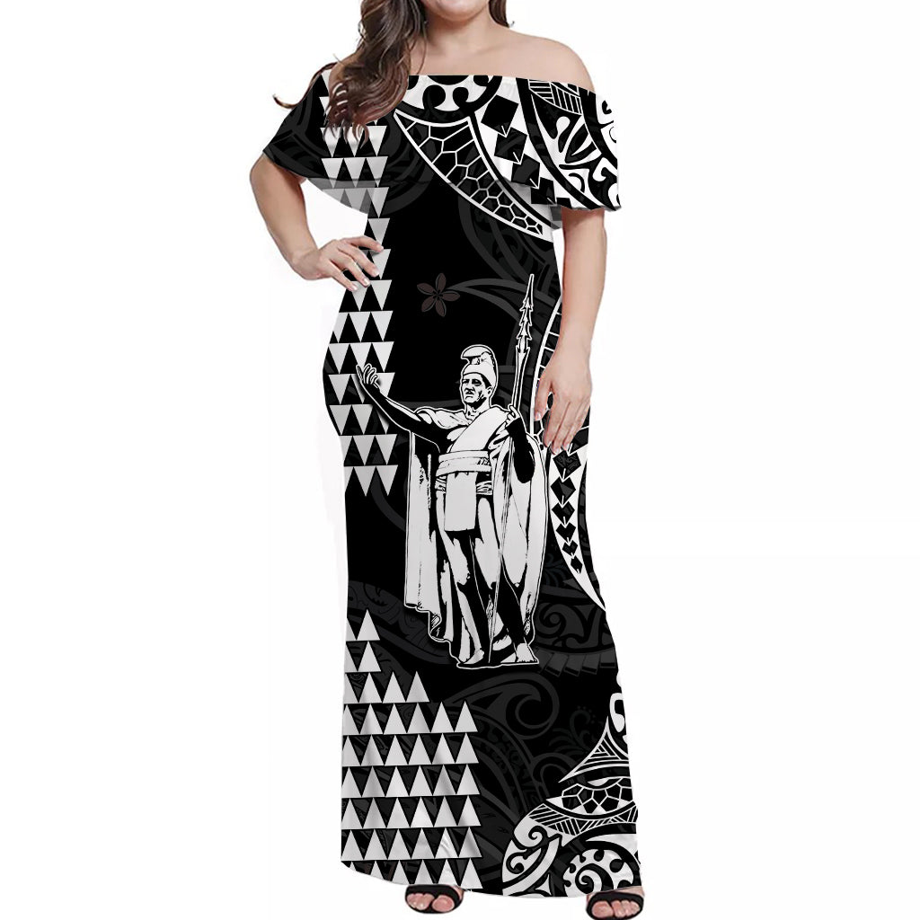 (Custom Personalised) Hawaii Day Kakau Off Shoulder Long Dress Proud To Be Hawaiian Black King Kamehameha and Kanaka Maoli LT13 Women Black - Polynesian Pride